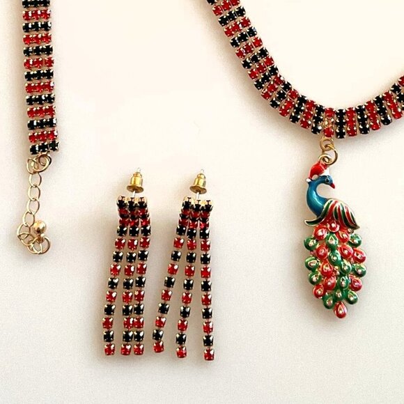 NEW PEACOCK SANTA RHINESTONE CHOKER, BRACELET & EARRINGS HOLIDAY - Picture 4 of 9